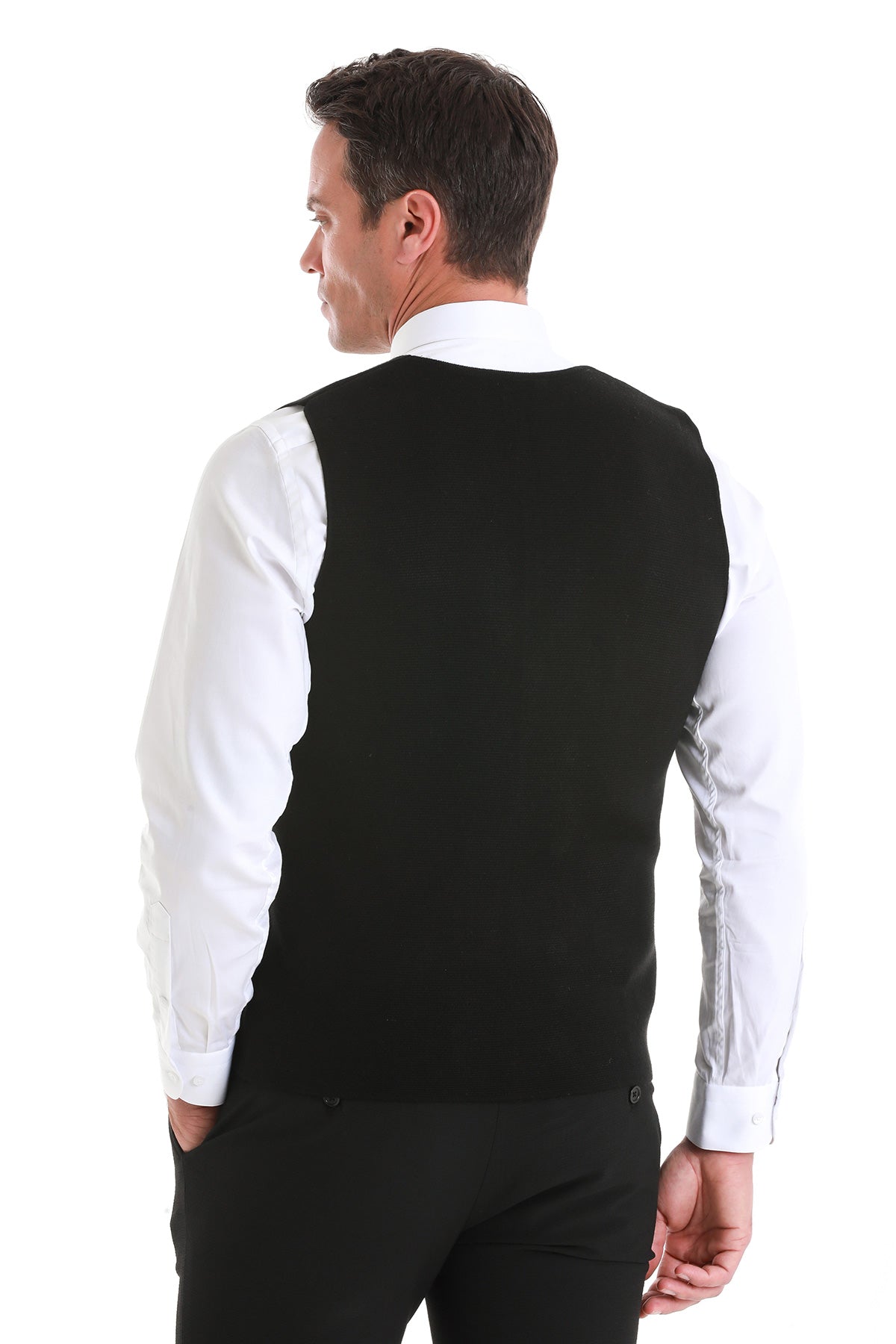 Regular Fit Black Wool Blend Knit Button Down Vest - MIB