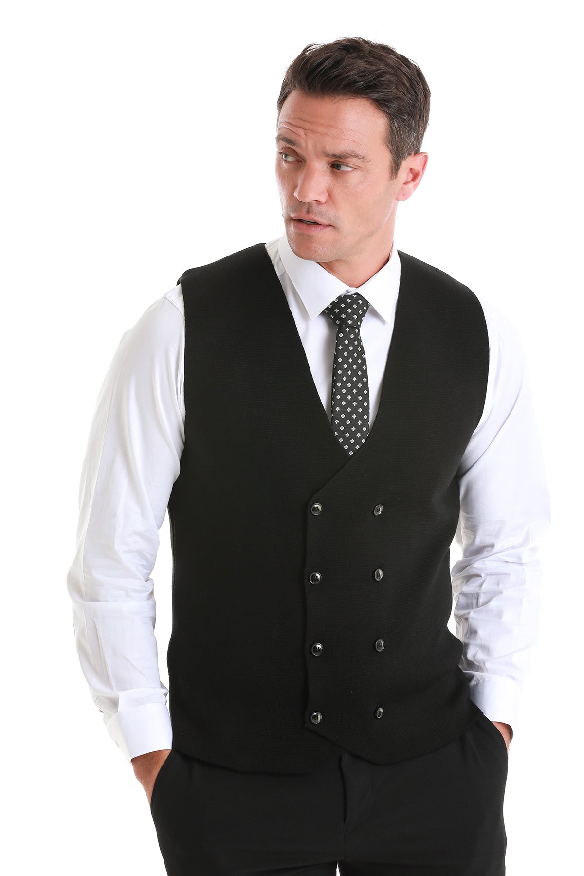 Regular Fit Black Wool Blend Knit Button Down Vest - MIB