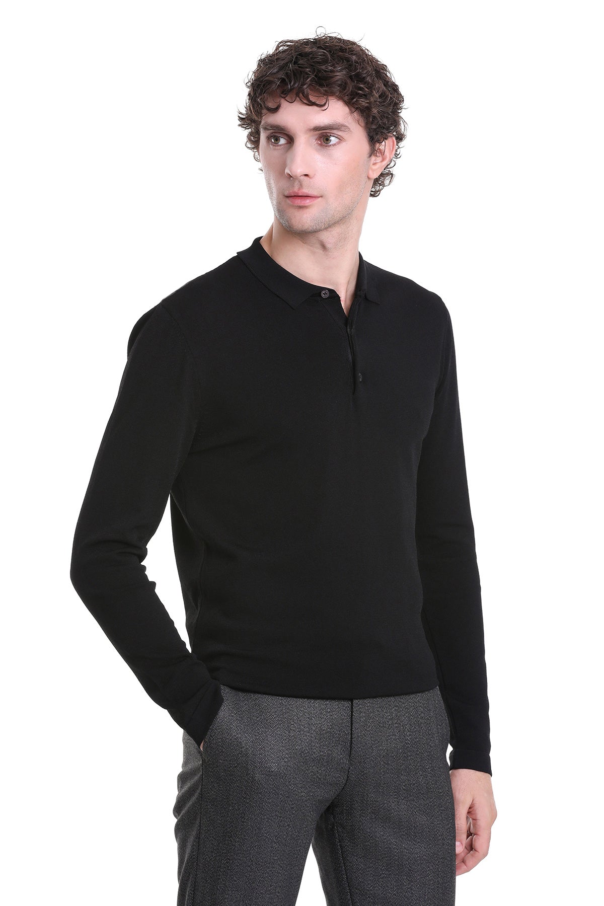 Regular Fit Black Wool Blend Polo Sweater - MIB