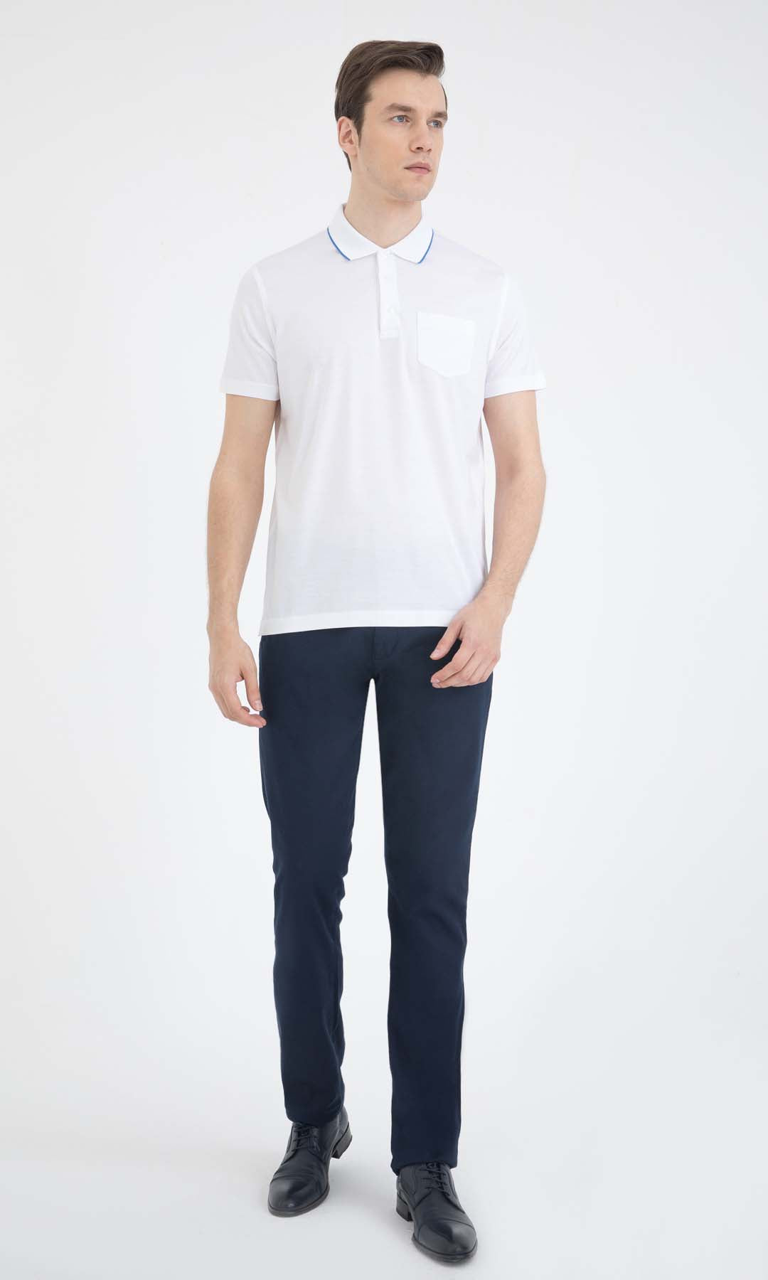 Regular Fit Blue-Tipped Collar Cotton White Polo T-Shirt