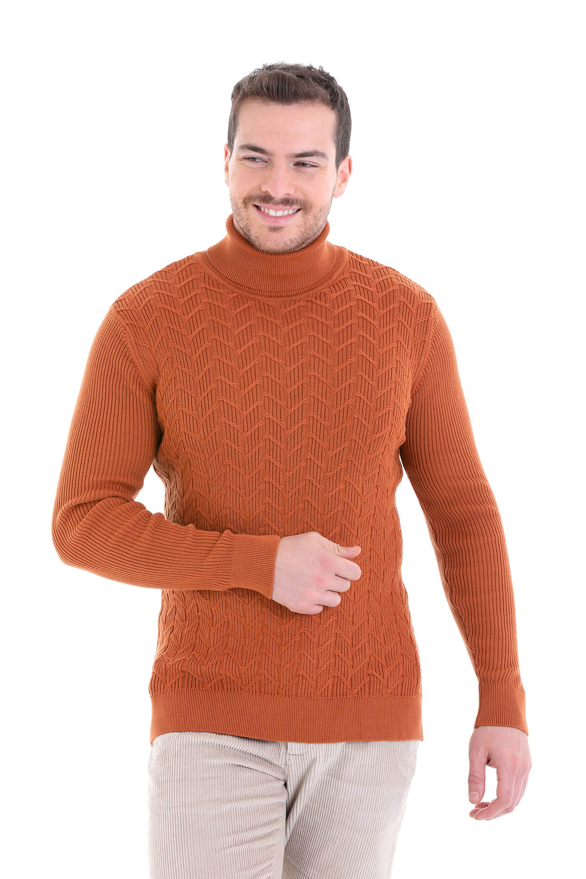 Regular Fit Brick Patterned Cotton Turtleneck Sweater