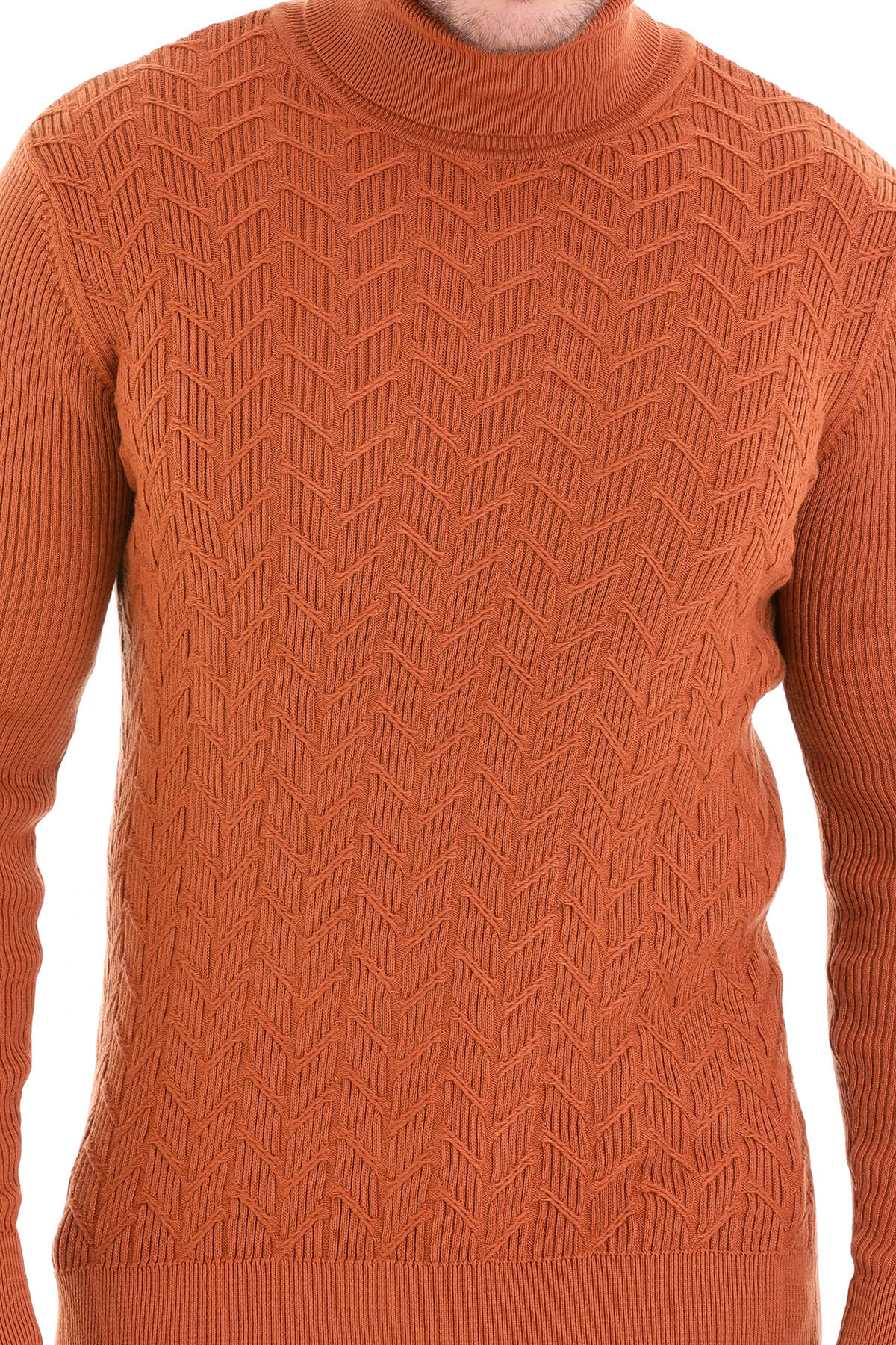 Regular Fit Brick Patterned Cotton Turtleneck Sweater