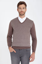 Regular Fit Brown - Beige Cotton Blend V-Neck Sweater