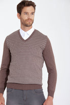 Regular Fit Brown - Beige Cotton Blend V-Neck Sweater