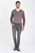 Regular Fit Brown - Beige Cotton Blend V-Neck Sweater