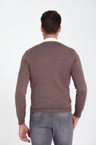 Regular Fit Brown - Beige Cotton Blend V-Neck Sweater