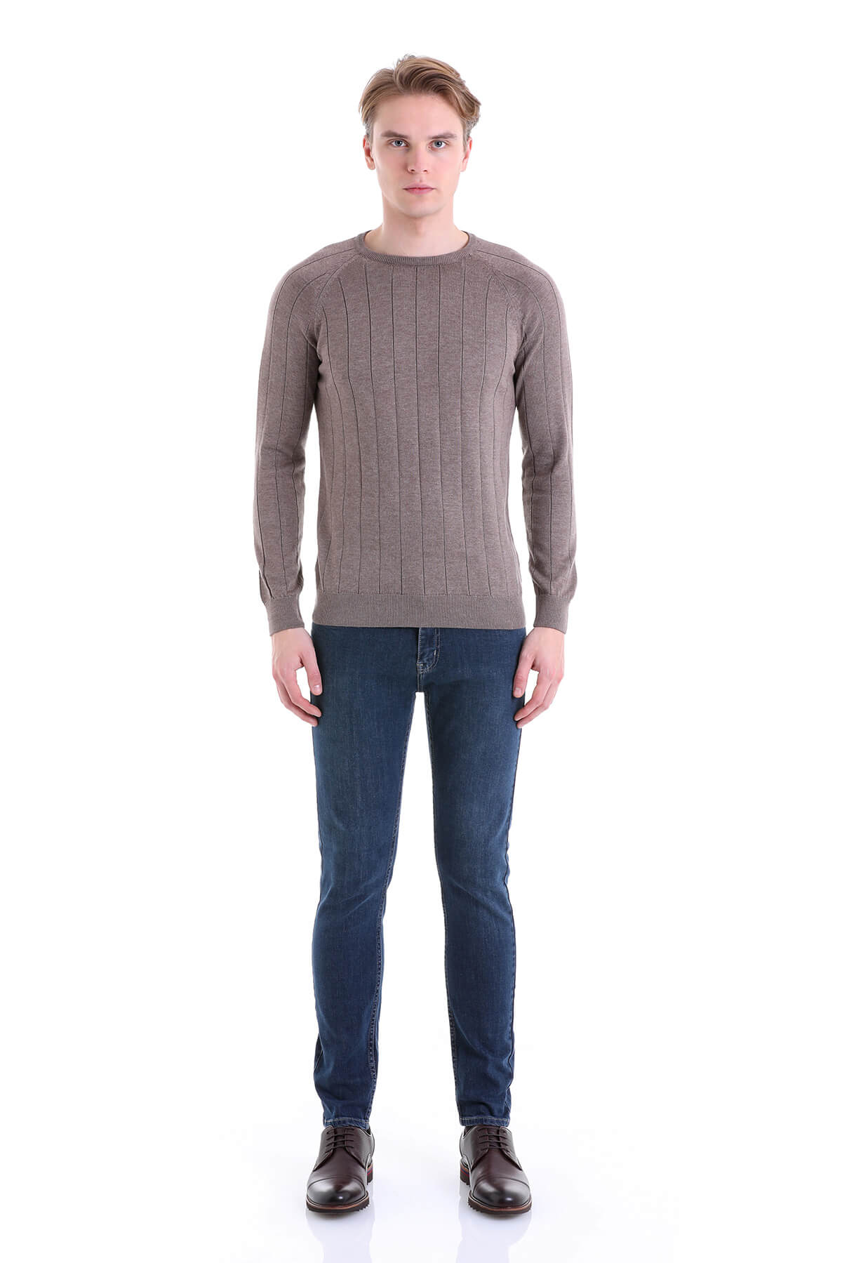 Regular Fit Brown Cotton Blend Crewneck Sweater - SAYKI