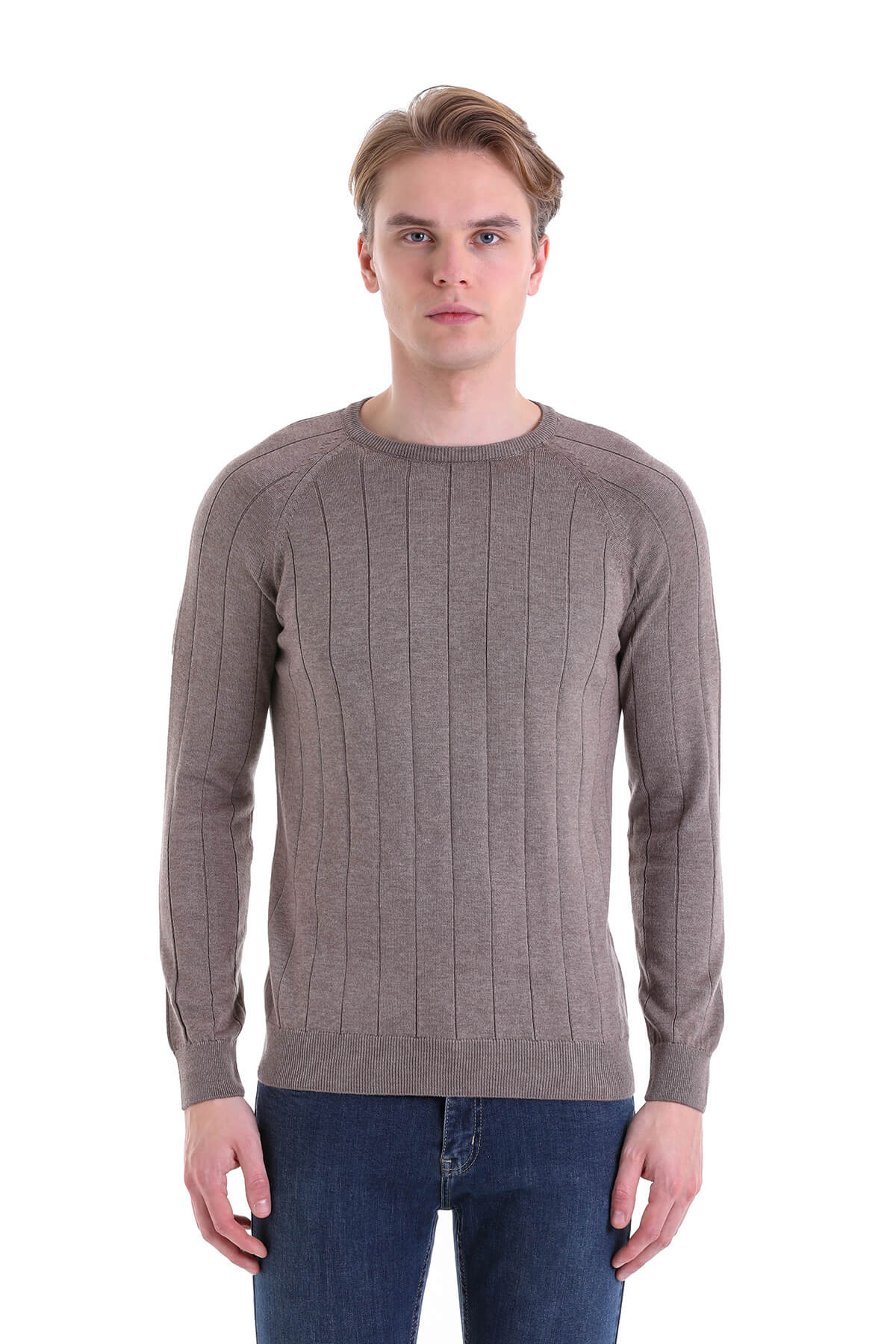 Regular Fit Brown Cotton Blend Crewneck Sweater - SAYKI