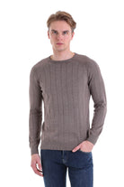 Regular Fit Brown Cotton Blend Crewneck Sweater - SAYKI