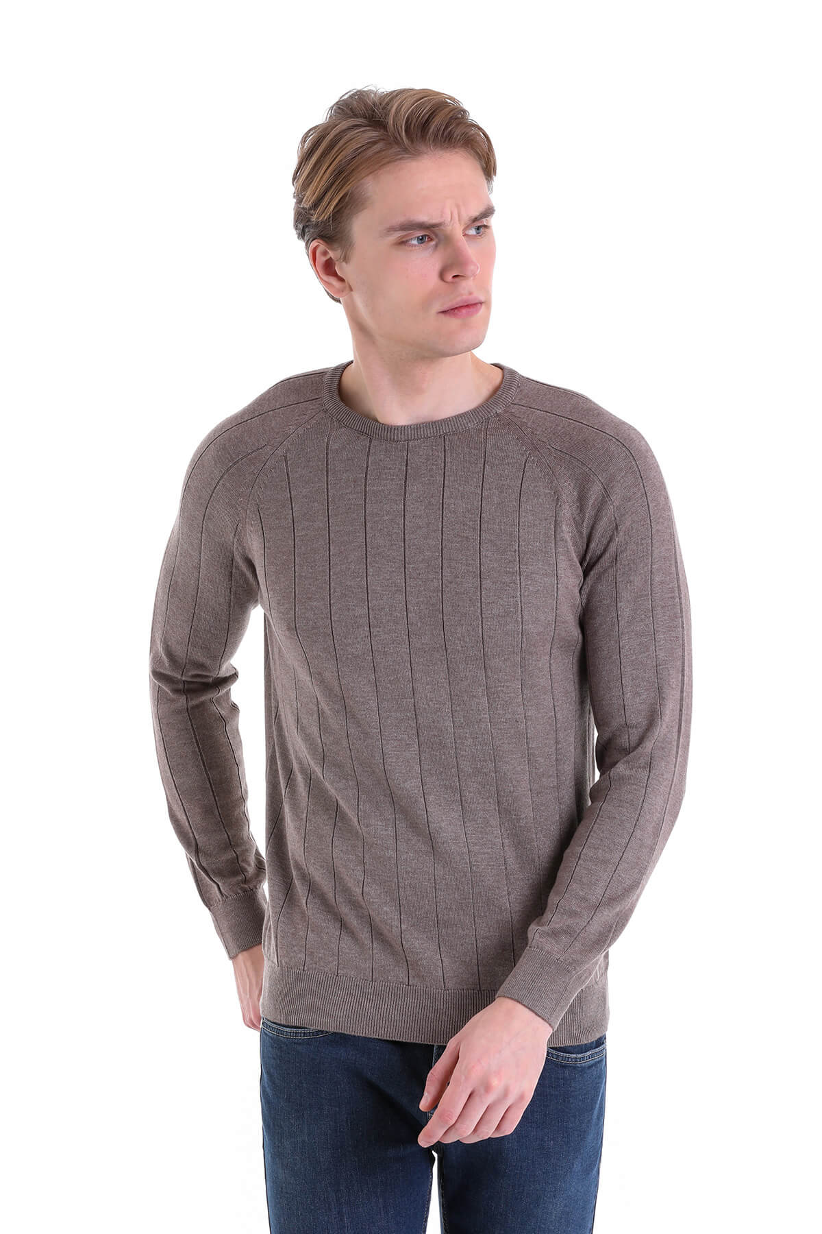 Regular Fit Brown Cotton Blend Crewneck Sweater - SAYKI