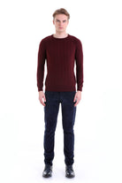 Regular Fit Burgundy Cotton Blend Crewneck Sweater - SAYKI