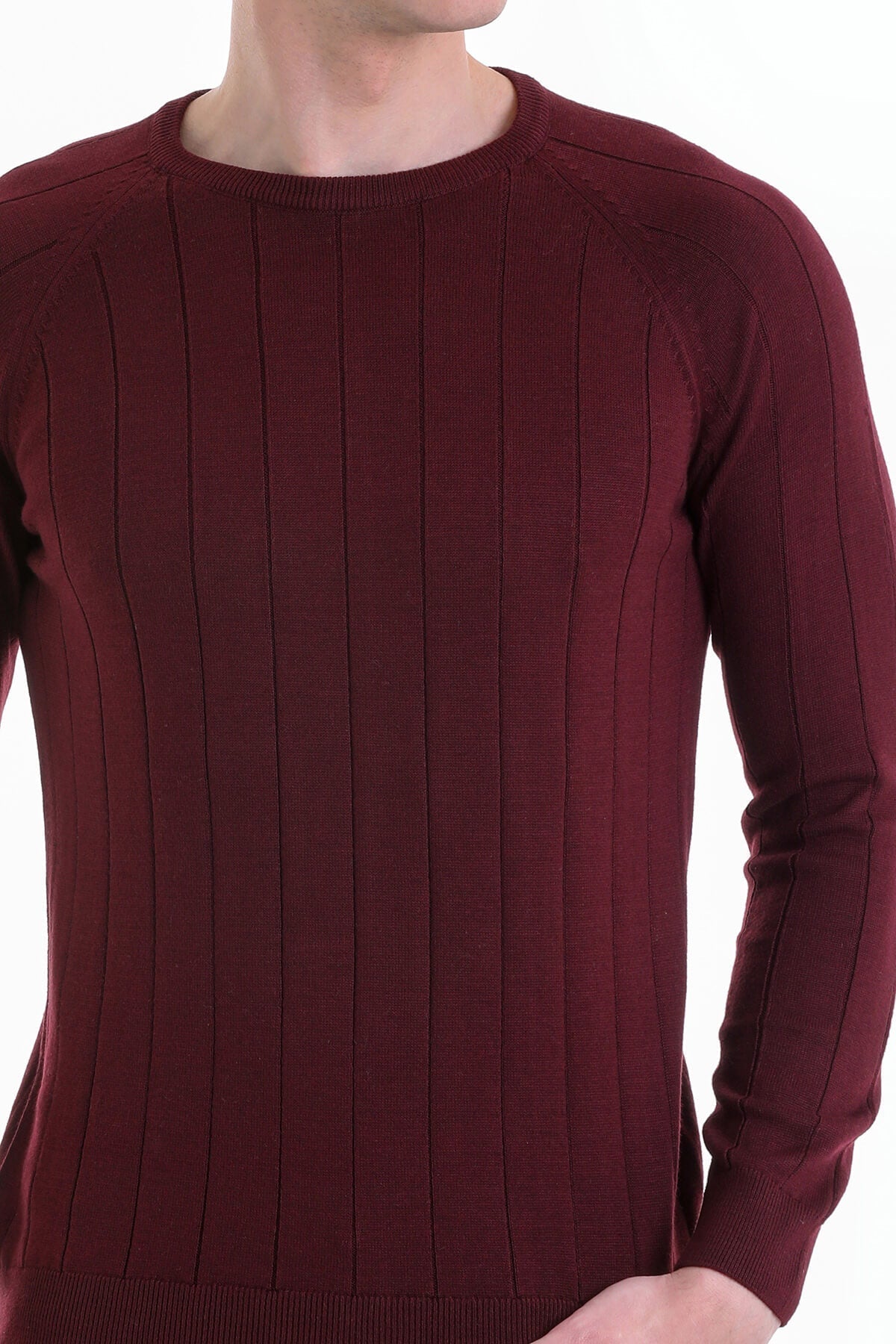 Regular Fit Burgundy Cotton Blend Crewneck Sweater - SAYKI