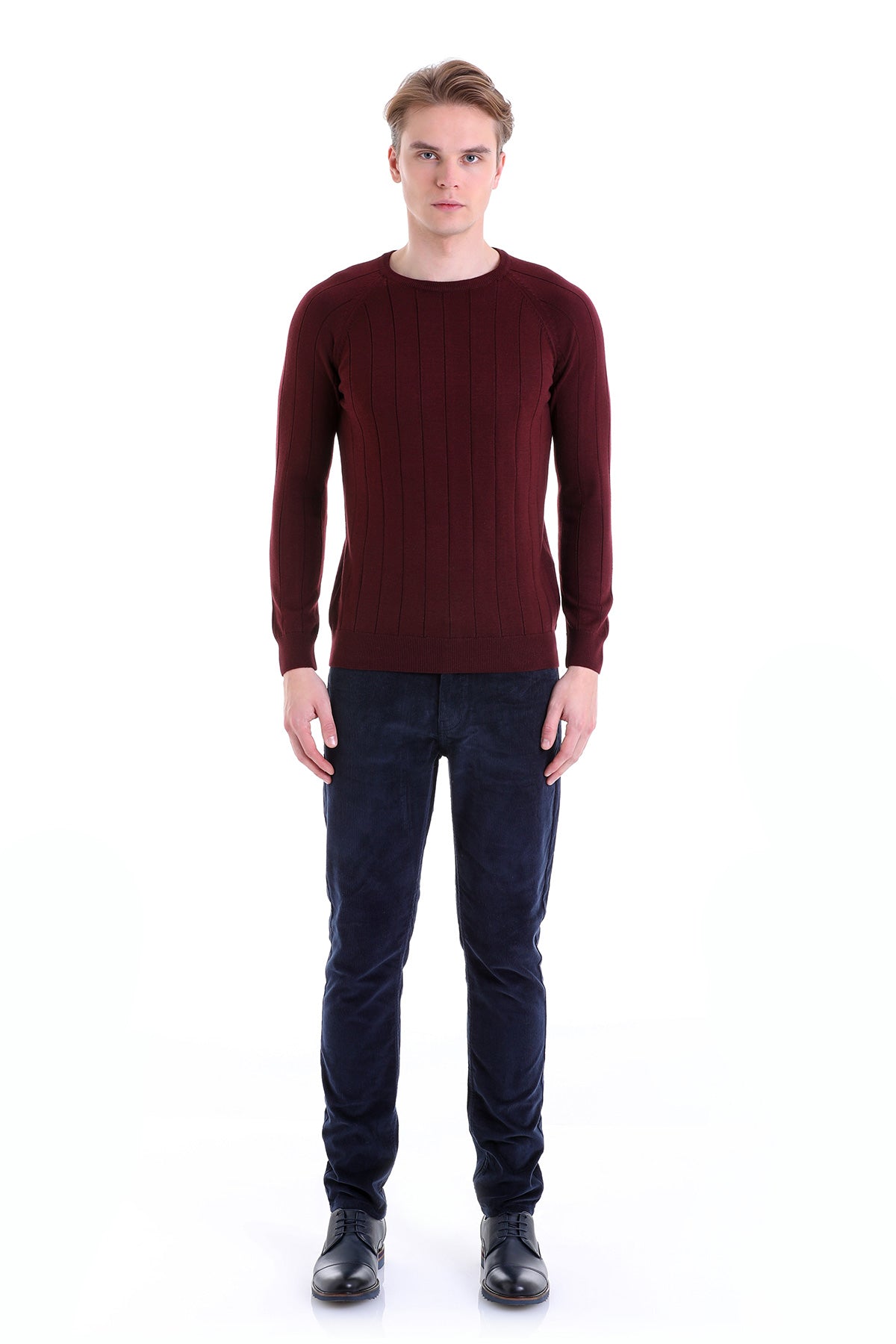 Regular Fit Burgundy Cotton Blend Crewneck Sweater - SAYKI