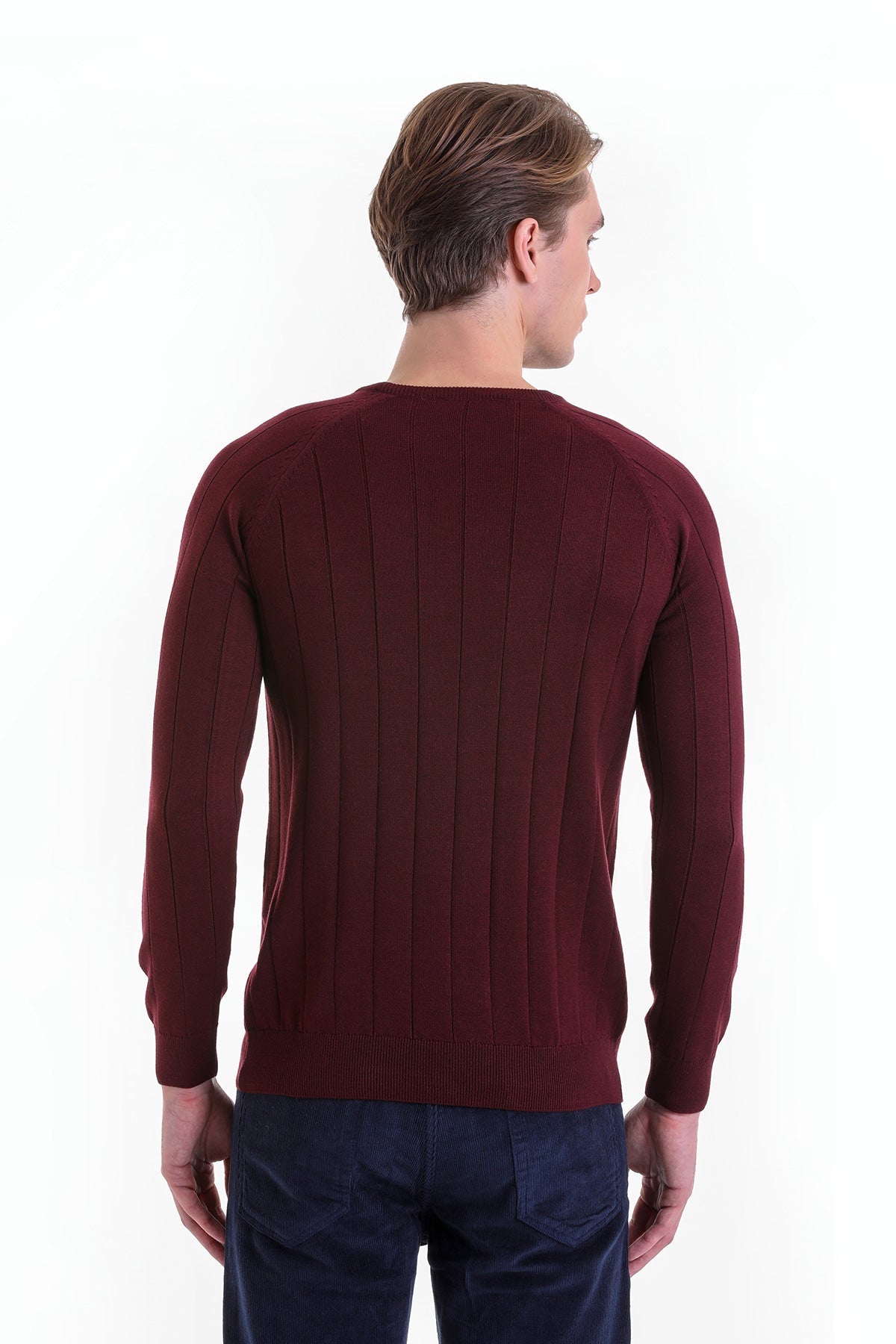 Regular Fit Burgundy Cotton Blend Crewneck Sweater - SAYKI