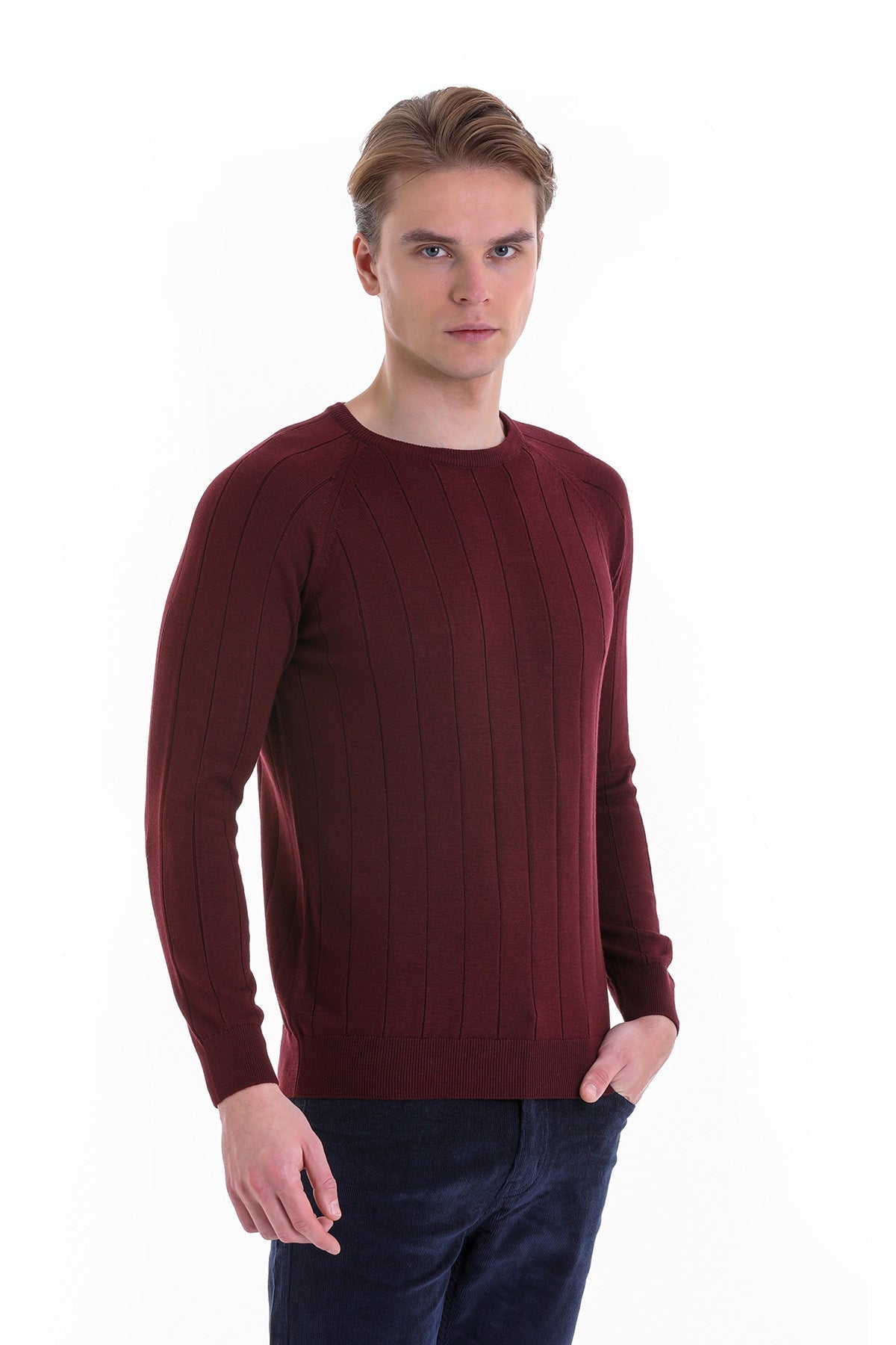 Regular Fit Burgundy Cotton Blend Crewneck Sweater - SAYKI