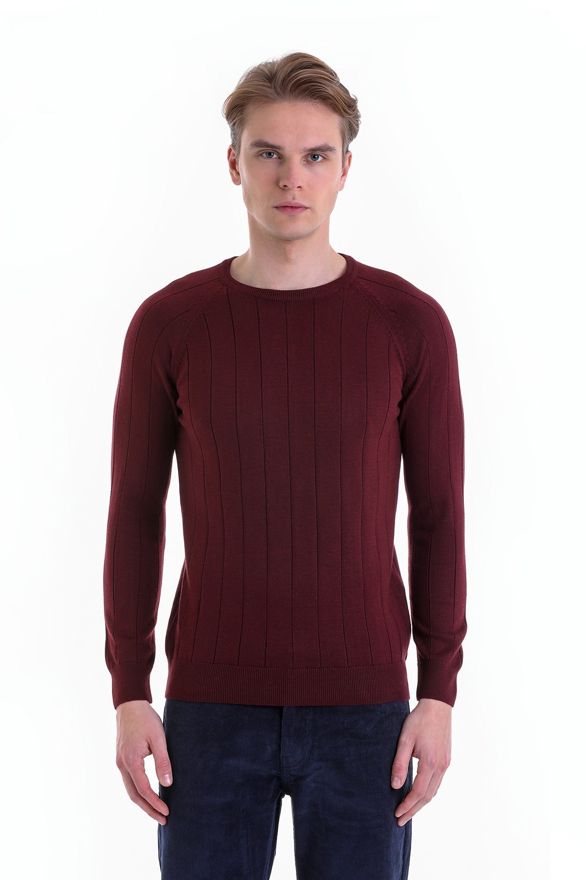 Regular Fit Burgundy Cotton Blend Crewneck Sweater - SAYKI