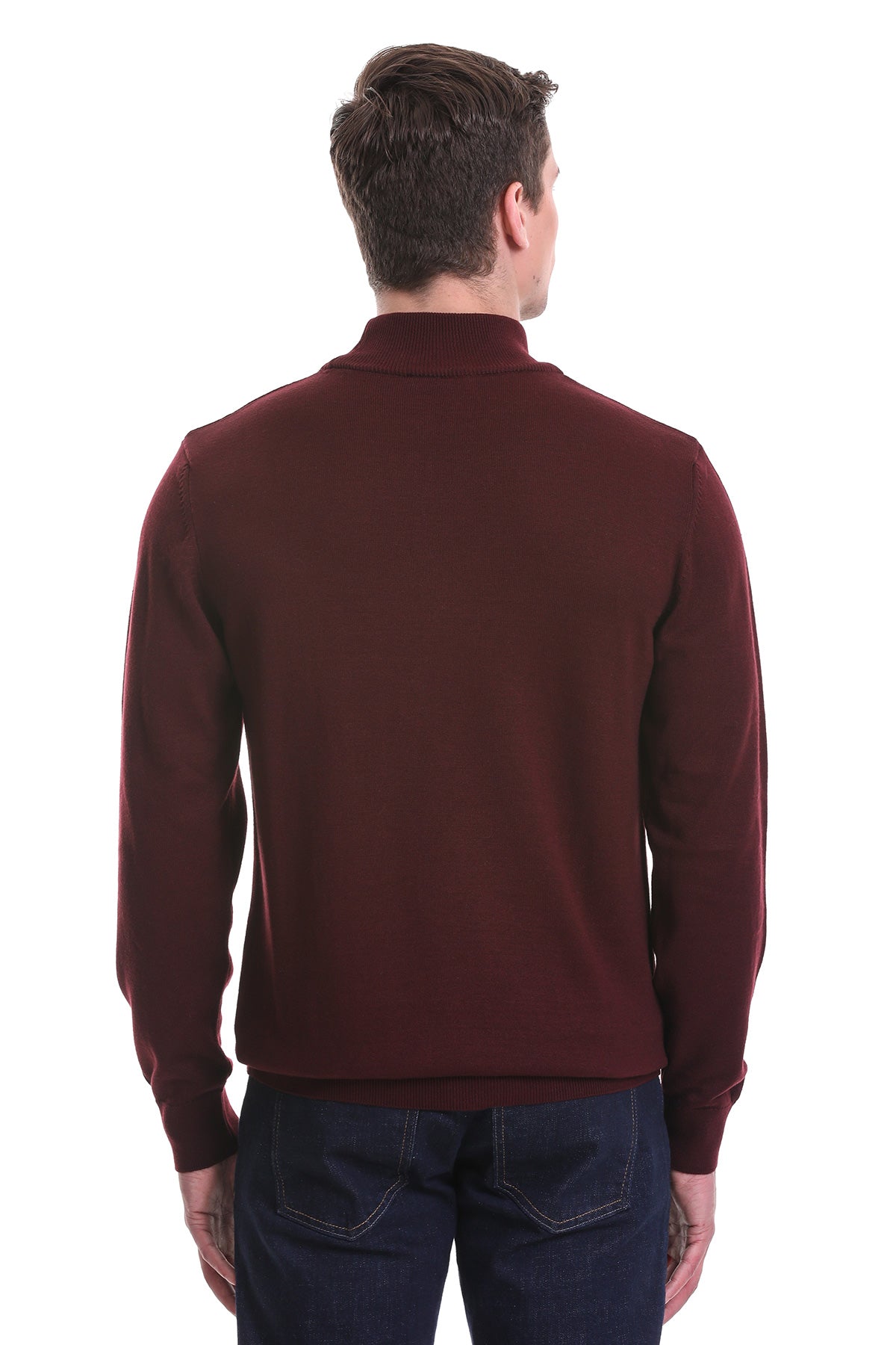 Regular Fit Burgundy Cotton Blend Mock Neck Sweater - SAYKI