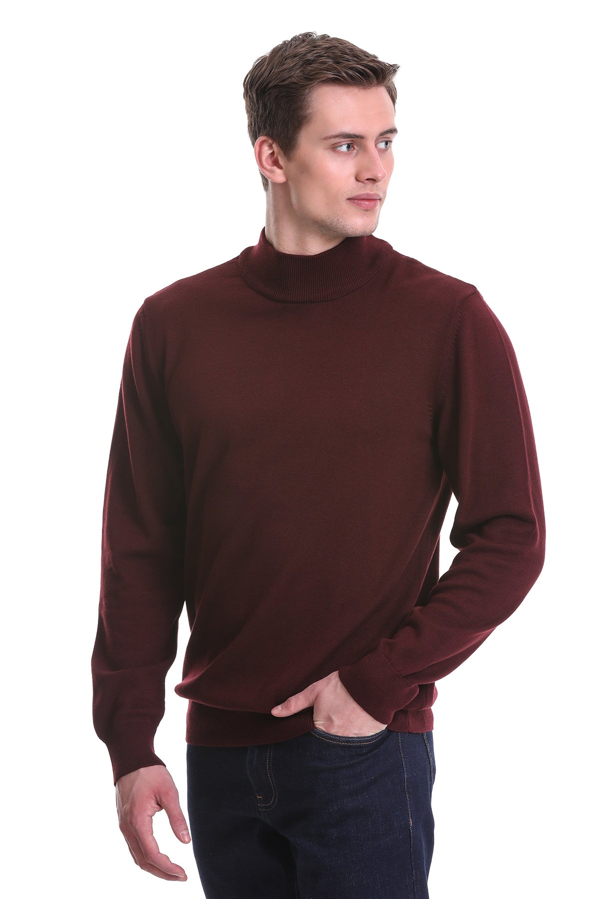 Regular Fit Burgundy Cotton Blend Mock Neck Sweater - SAYKI