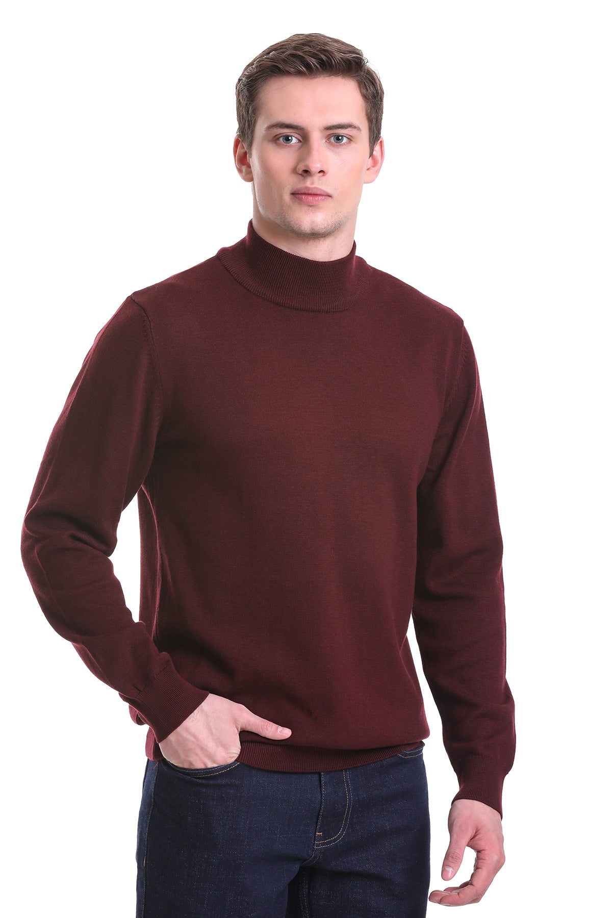 Regular Fit Burgundy Cotton Blend Mock Neck Sweater - SAYKI