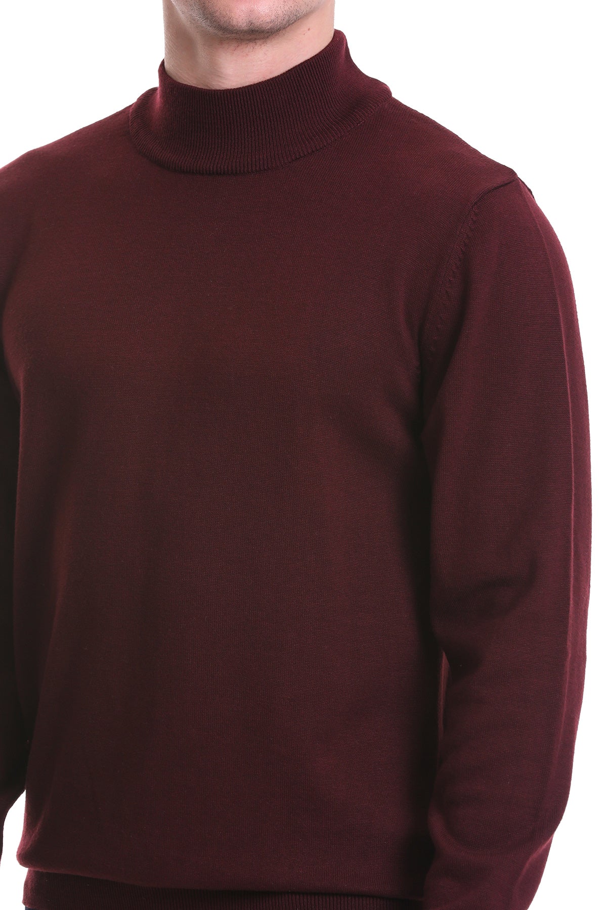 Regular Fit Burgundy Cotton Blend Mock Neck Sweater - SAYKI