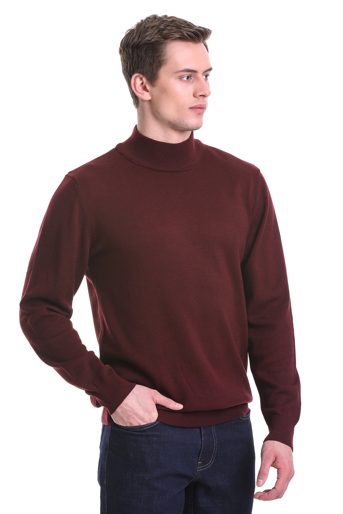 Regular Fit Burgundy Cotton Blend Mock Neck Sweater - SAYKI