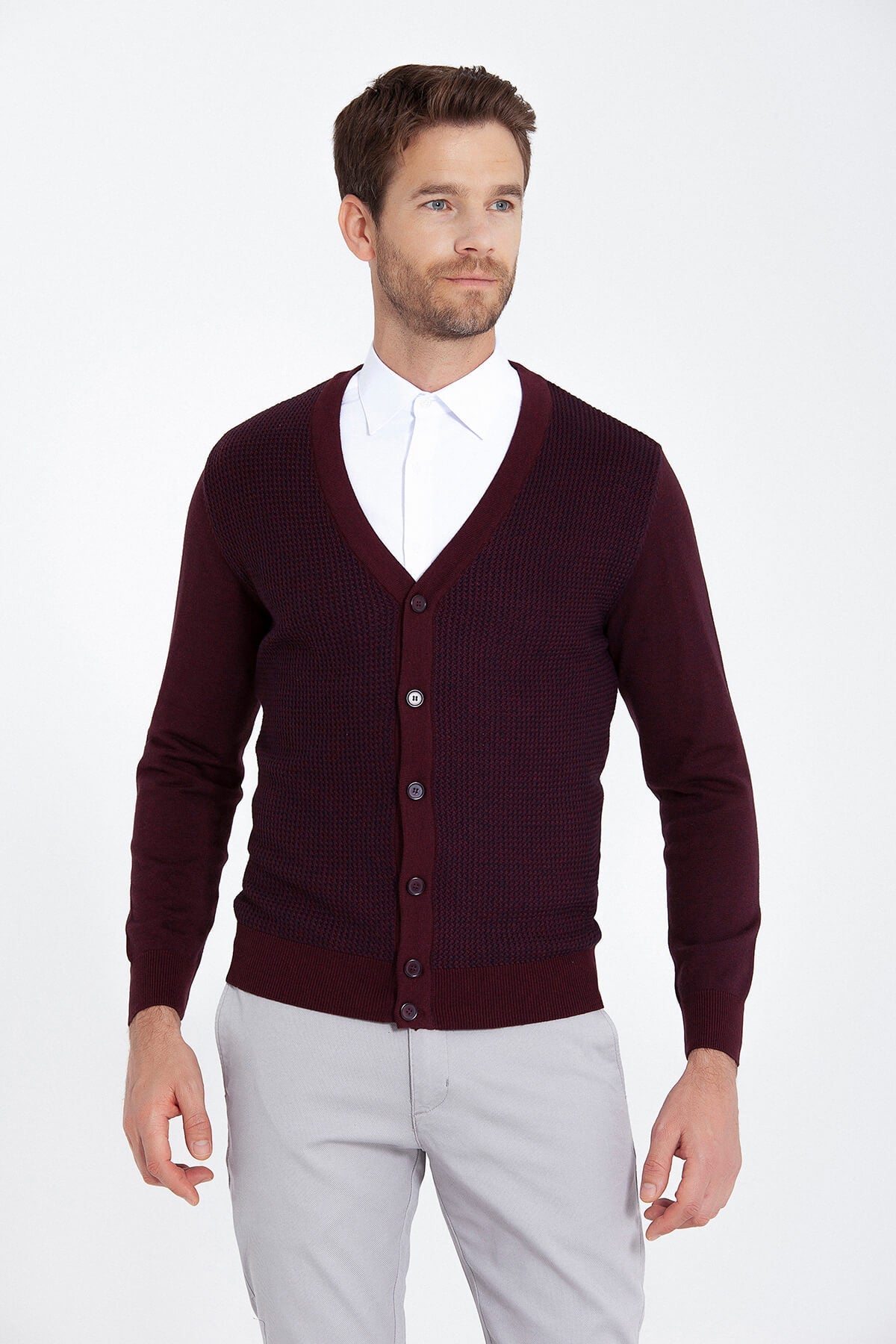 Regular Fit Burgundy - Marine Cotton Blend Cardigan - SAYKI