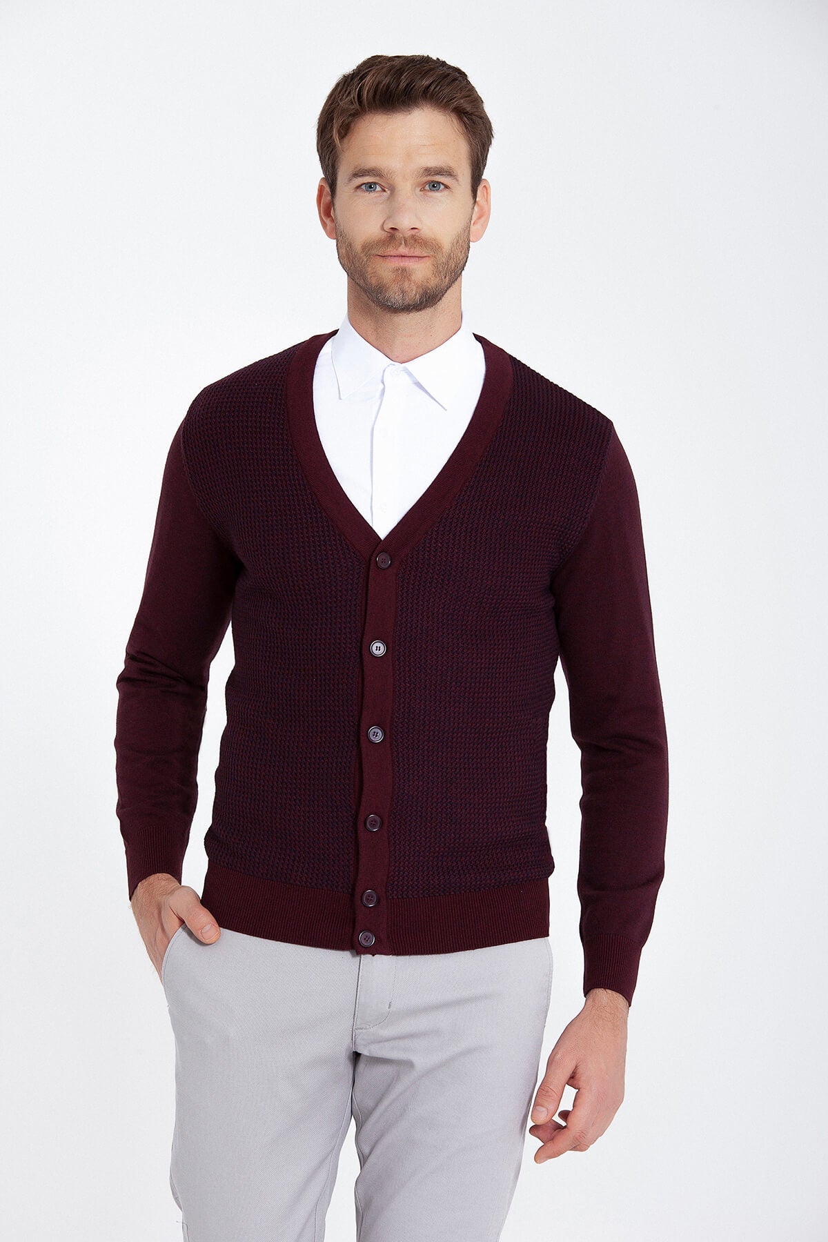 Regular Fit Burgundy - Marine Cotton Blend Cardigan - SAYKI