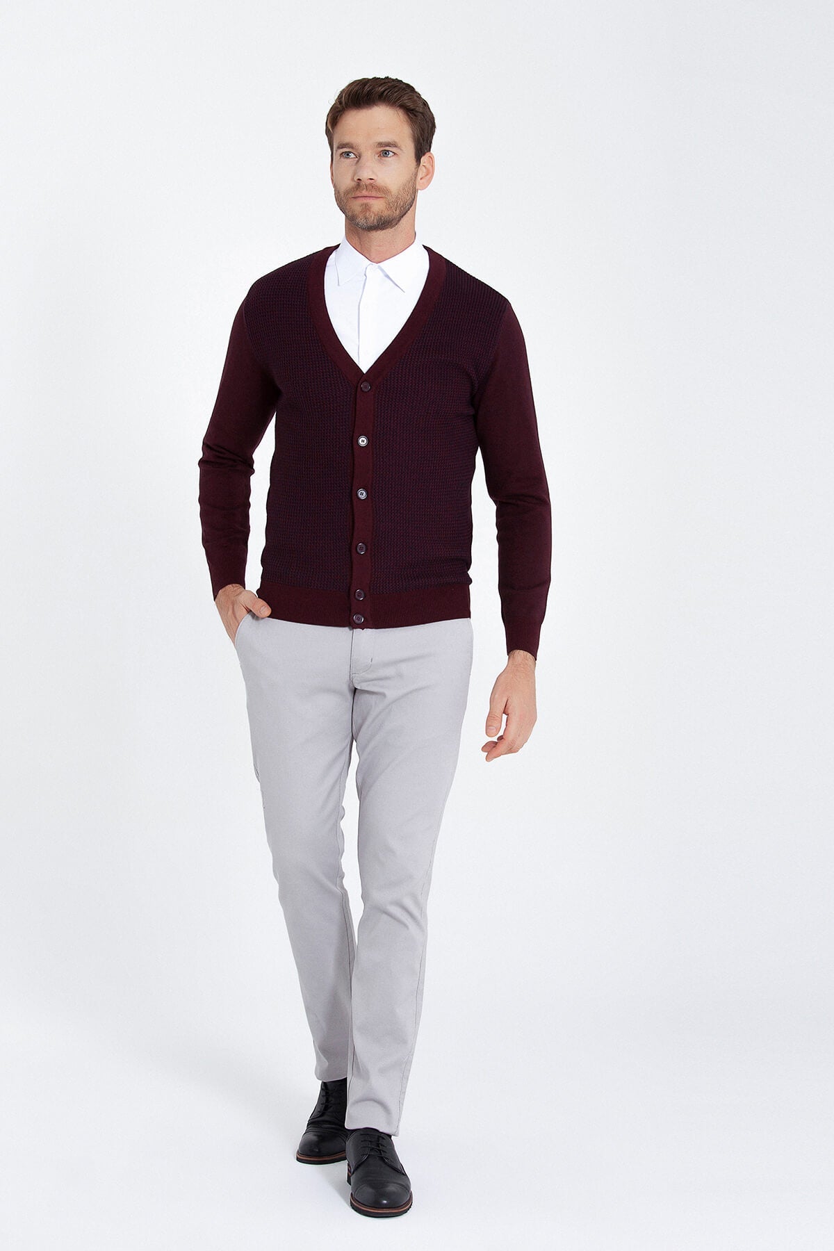 Regular Fit Burgundy - Marine Cotton Blend Cardigan - SAYKI