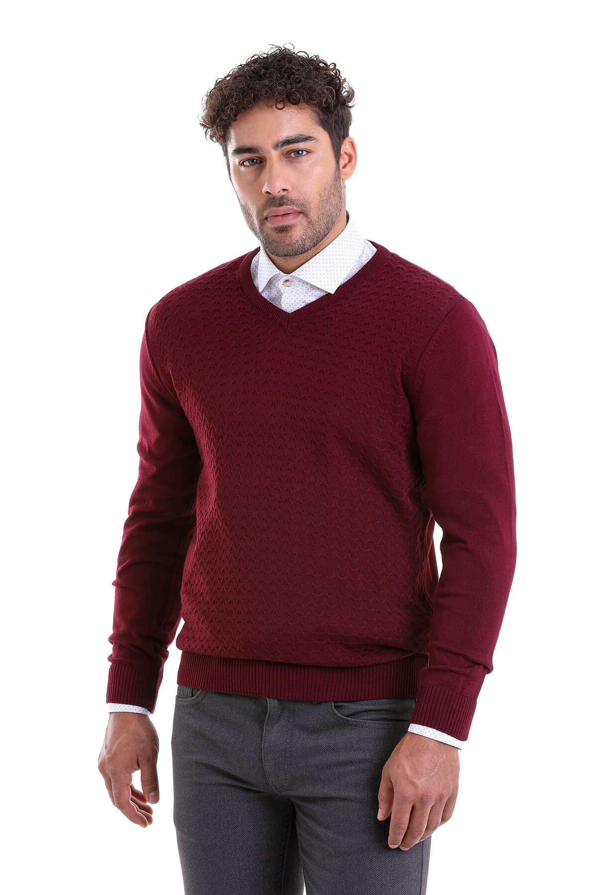 Regular Fit Burgundy V-Neck Sweater - MIB