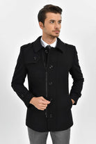 Regular Fit Cachet Flat Collar Wool Blend Black Coat - MIB