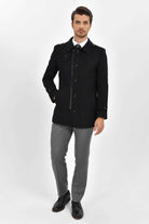 Regular Fit Cachet Flat Collar Wool Blend Black Coat - MIB