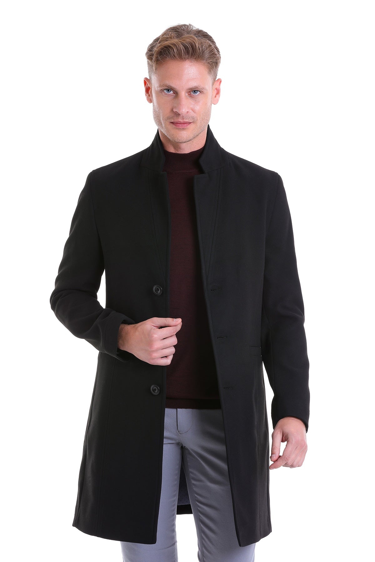 Regular Fit Cachet Notch Lapel Black Overcoat - MIB