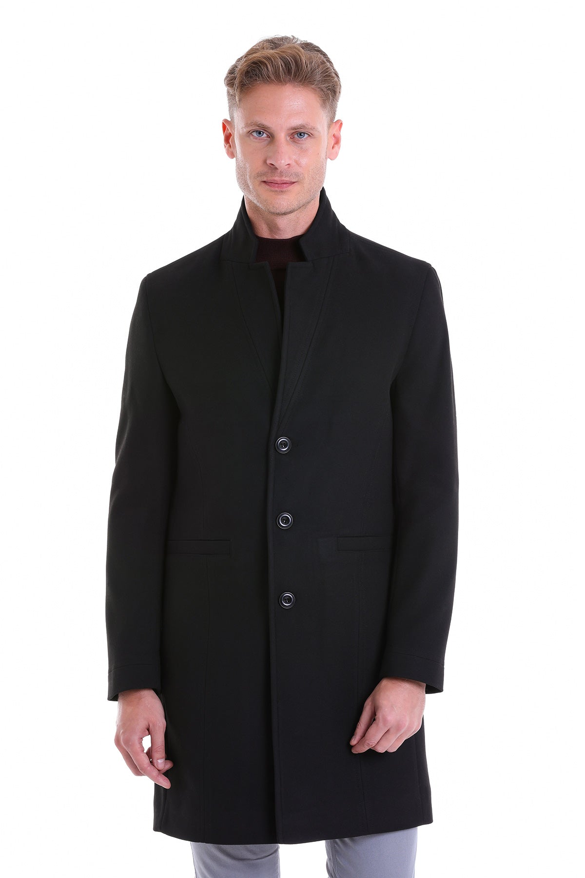 Regular Fit Cachet Notch Lapel Black Overcoat - MIB