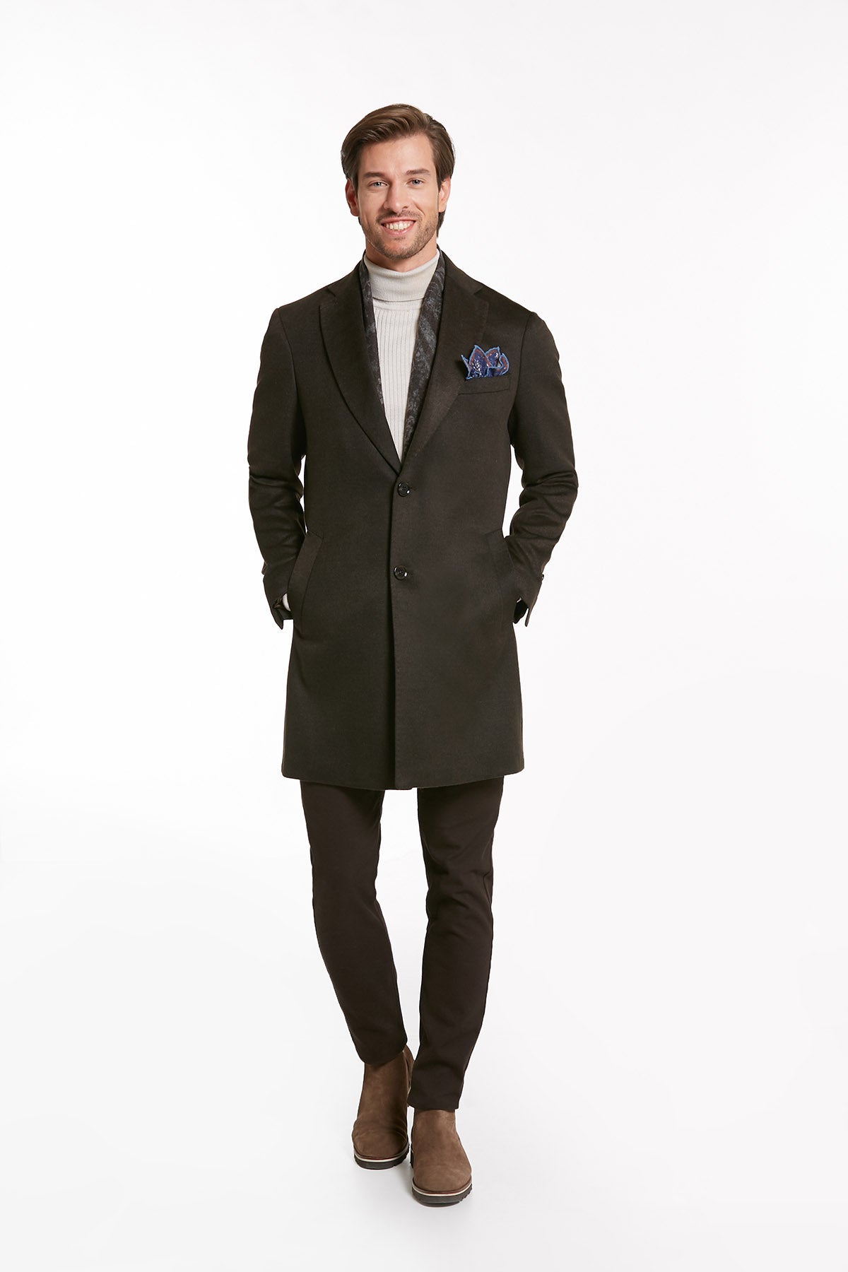 Regular Fit Cachet Notch Lapel Brown Overcoat - SAYKI