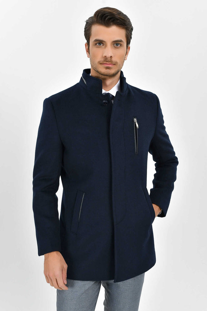 Regular Fit Cachet Pars Stand Collar Wool Blend Navy Coat