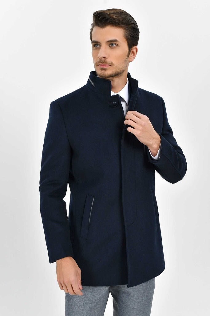 Regular Fit Cachet Pars Stand Collar Wool Blend Navy Coat