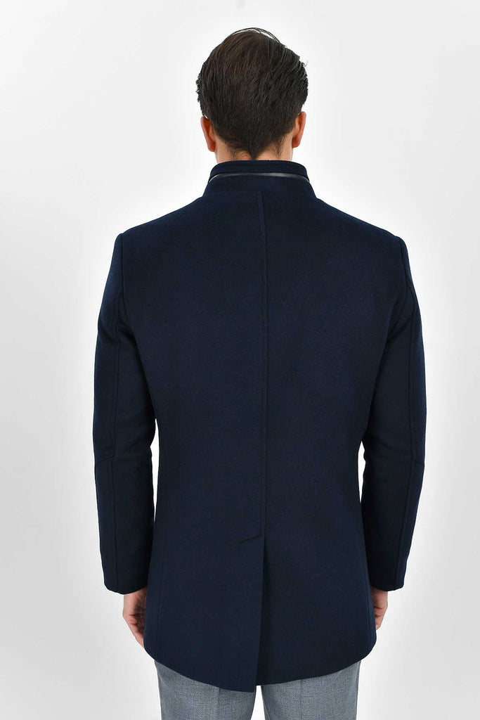 Regular Fit Cachet Pars Stand Collar Wool Blend Navy Coat