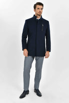 Regular Fit Cachet Stand Collar Wool Blend Navy Coat - MIB