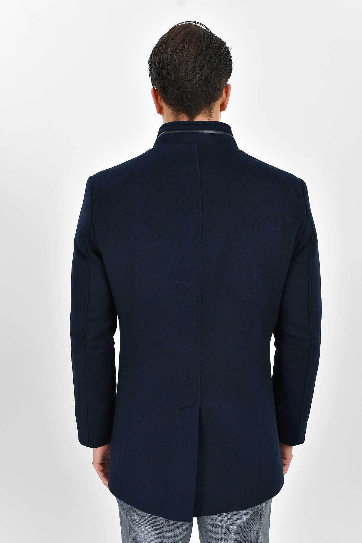 Regular Fit Cachet Stand Collar Wool Blend Navy Coat - MIB