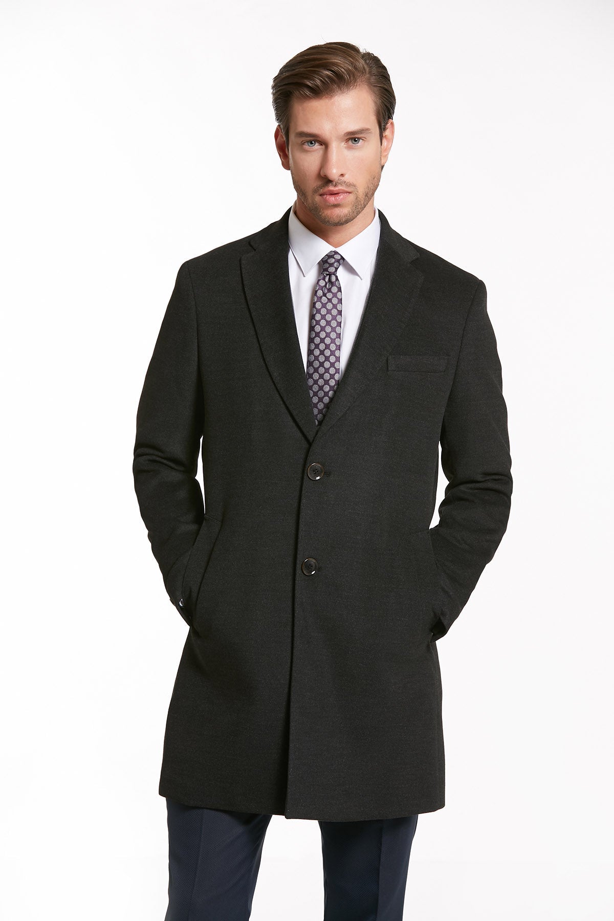 Regular Fit Cachet TBC Notch Lapel Khaki Overcoat Charcoal