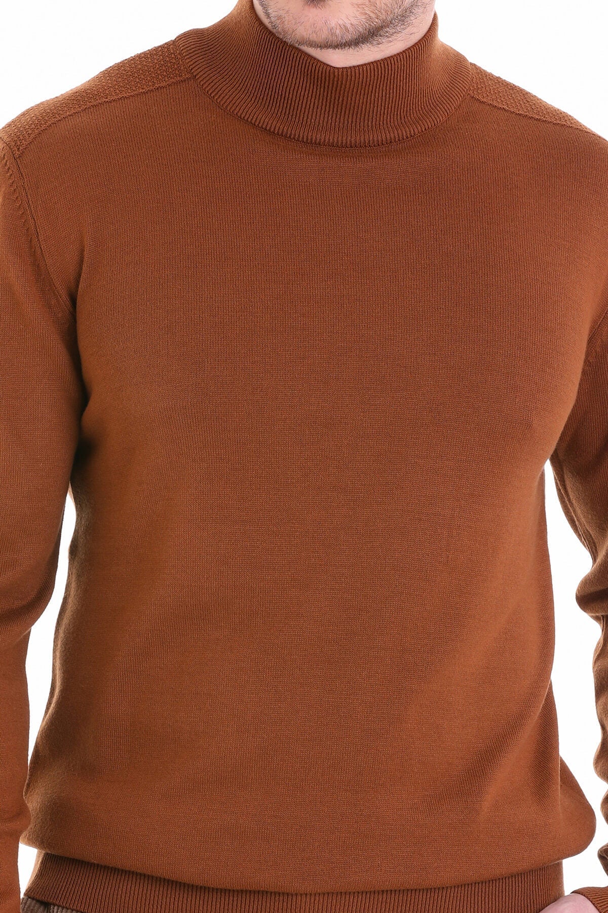 Regular Fit Copper Cotton Blend Mock Neck Sweater - SAYKI