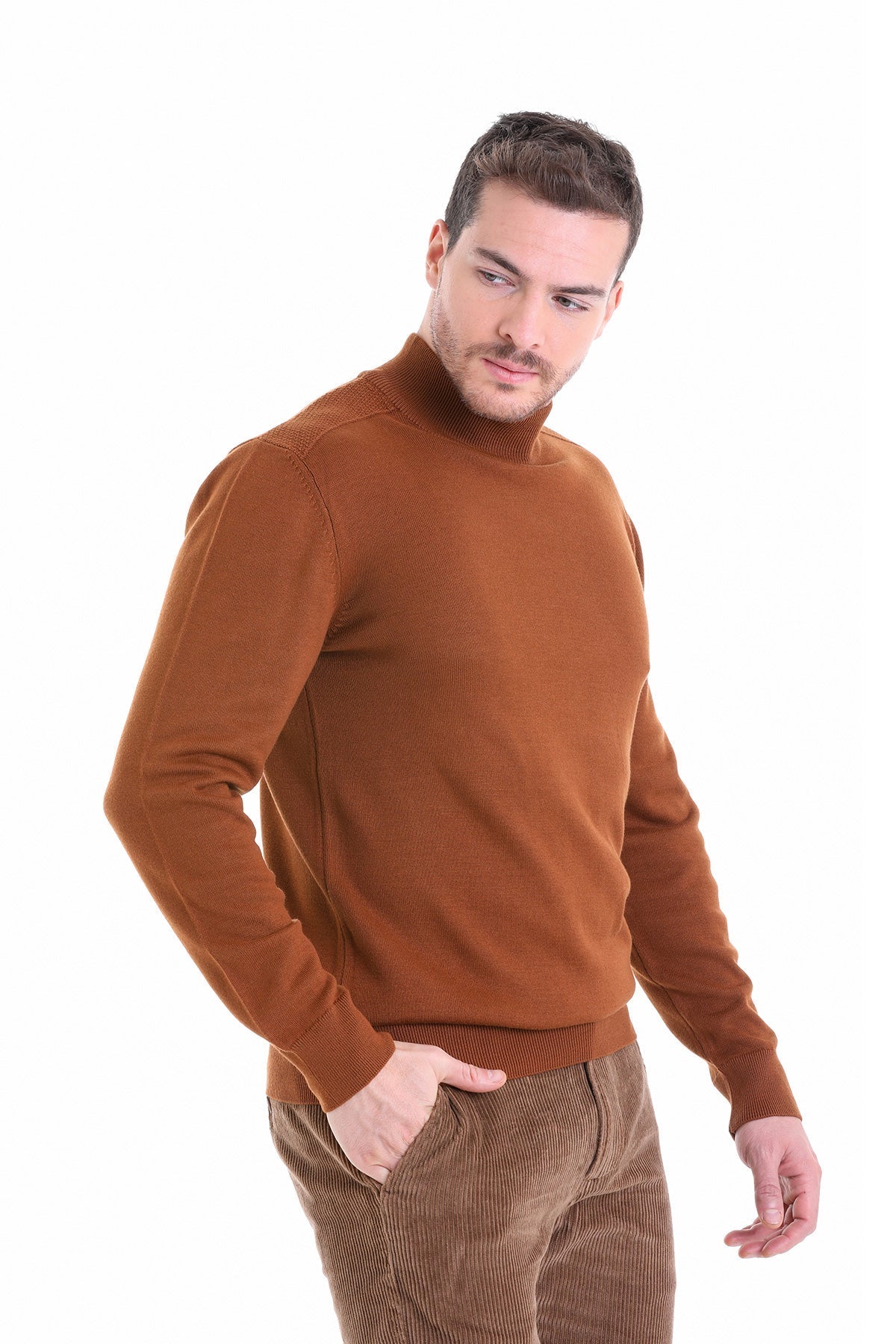 Regular Fit Copper Cotton Blend Mock Neck Sweater - SAYKI