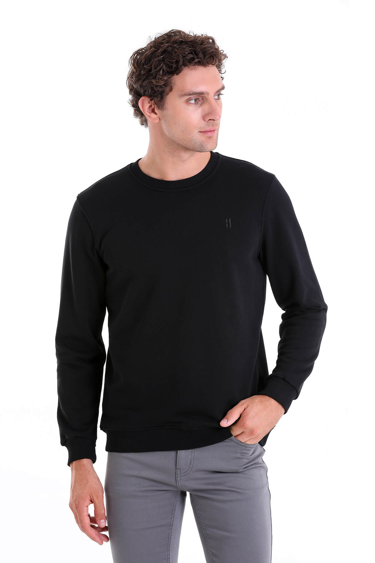 Regular Fit Cotton Blend Black Crewneck Sweatshirt - MIB