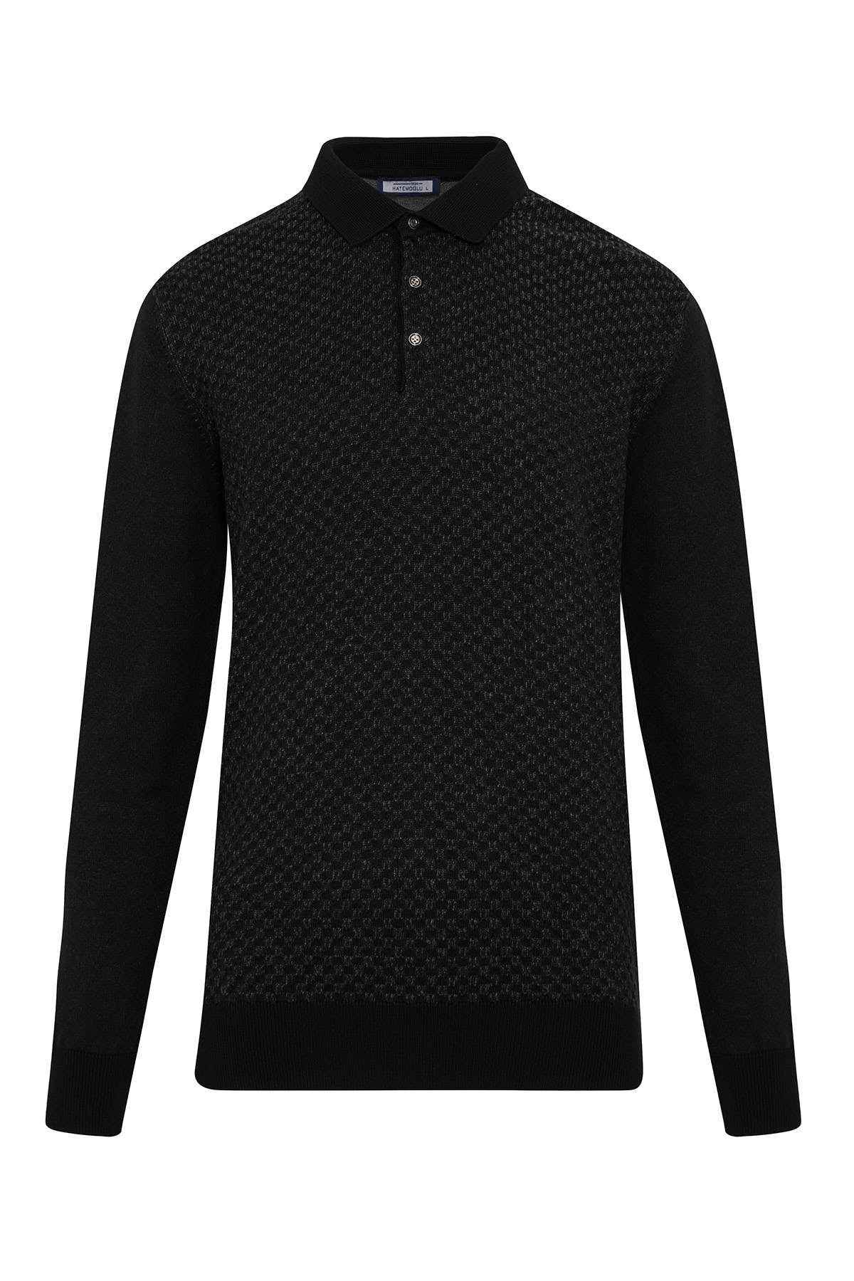 Regular Fit Cotton Blend Black - Gray Polo Sweater - SAYKI