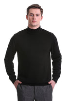 Regular Fit Cotton Blend Black Mock Neck Sweater - SAYKI