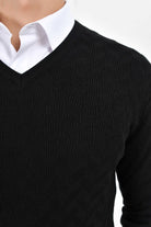 Regular Fit Cotton Blend Black V-Neck Sweater - SAYKI