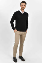 Regular Fit Cotton Blend Black V-Neck Sweater - SAYKI