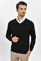 Regular Fit Cotton Blend Black V-Neck Sweater - SAYKI