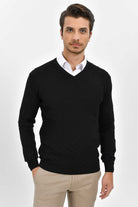 Regular Fit Cotton Blend Black V-Neck Sweater - SAYKI