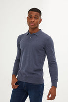 Regular Fit Cotton Blend Blue Polo Sweater - SAYKI